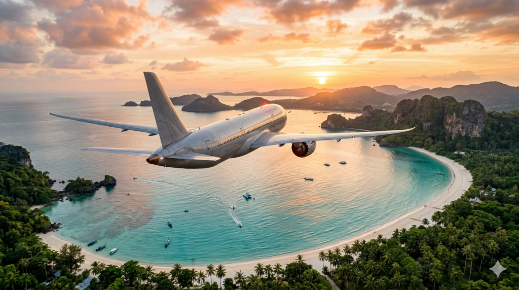 Airplane flying over El Nido Palawan islands at sunset - how to get to El Nido by Cebu Pacific